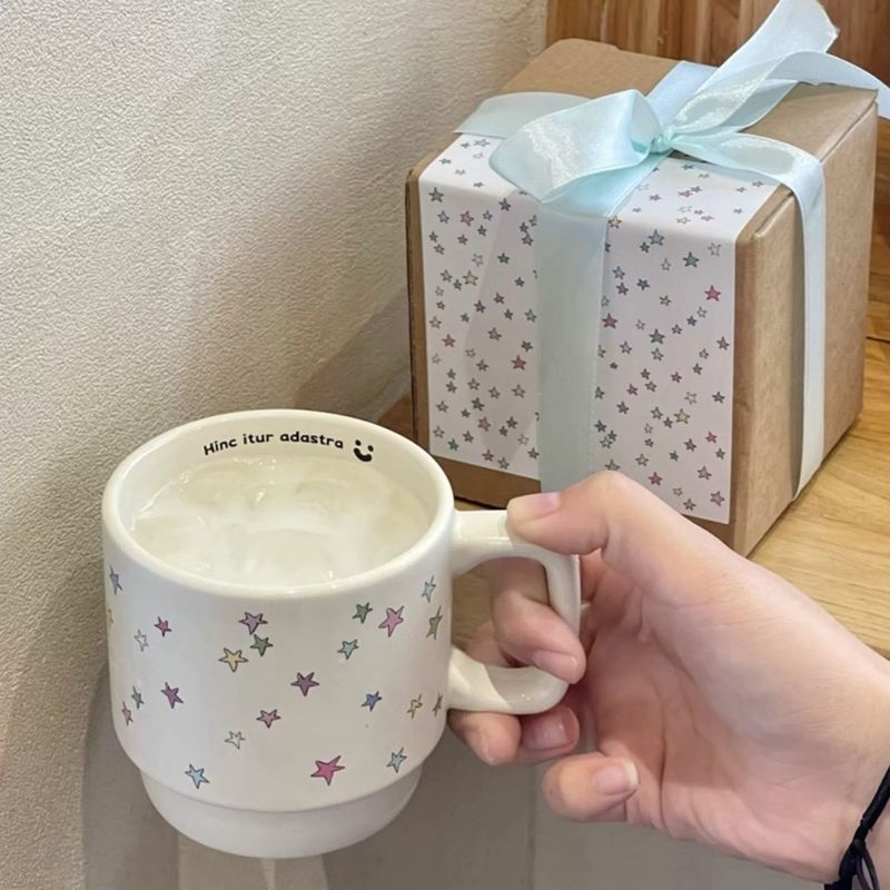 ins星星陶瓷杯带把手牛奶早餐杯子高颜值水杯家用情侣礼物咖啡杯|undefined