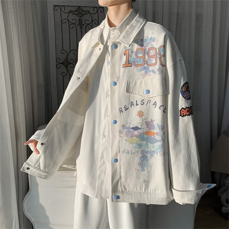 Colorido impreso solapa Denim chaqueta hombres primavera y otoño 2023 nueva suelta graffiti diseño sentido nicho estilo chaqueta