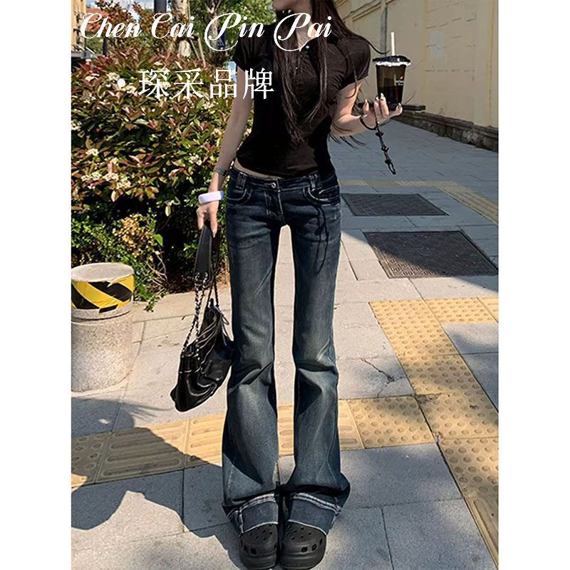 American-style retro low-waist slim-fit flared jeans for women, a fashionable and versatile design for spring and summer, with a flowing, floor-length silhouette American-style retro low-waist slim-fit flared jeans for women, a fashionable and versatile design for spring and summer, with a flowing, floor-length silhouette