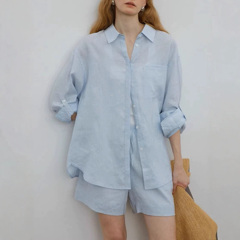Relaxed Summer/Leisurely Casual Style Full Linen Oversized Shirt + Shorts Set Relaxed Summer/Leisurely Casual Style Full Linen Oversized Shirt + Shorts Set