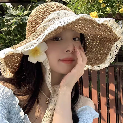 ins straw hat seaside hat lace-up straw hat women's travel sun protection beach sun hat lace edge sun hat