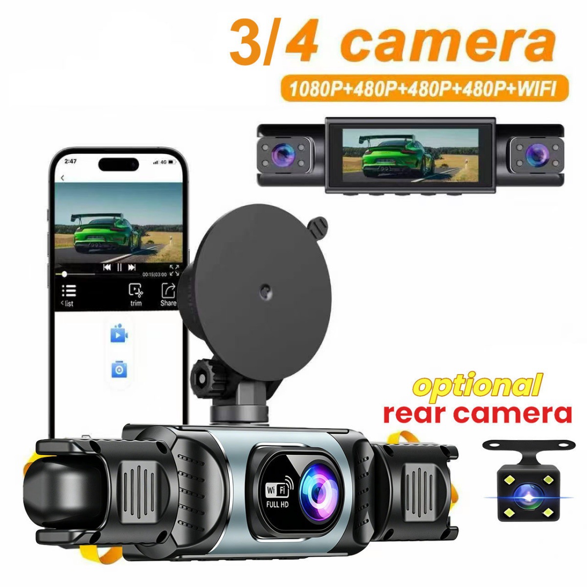 New 2K/4K Dash Cam, No Installation Required, Dual Front and Rear Cameras, Loop Recording, Reversing Camera, Night Vision