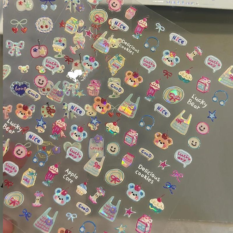 Cartoon Graffiti Cute Embossed Smiling Bear Nail Stickers Fresh and Simple 3D Pen-Shaped Baby DIY Nail Stickers