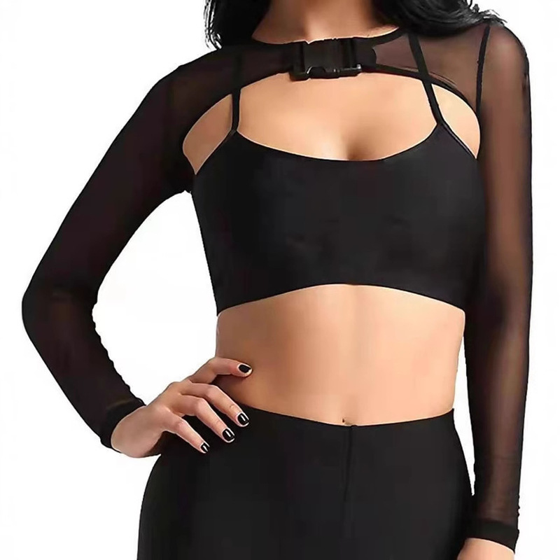 Amazon's Best-Selling See-Through Mesh Crop Top with Transparent Front Placket, Shawl, Fishnet Cover-Up with Buckle and Long Sleeves