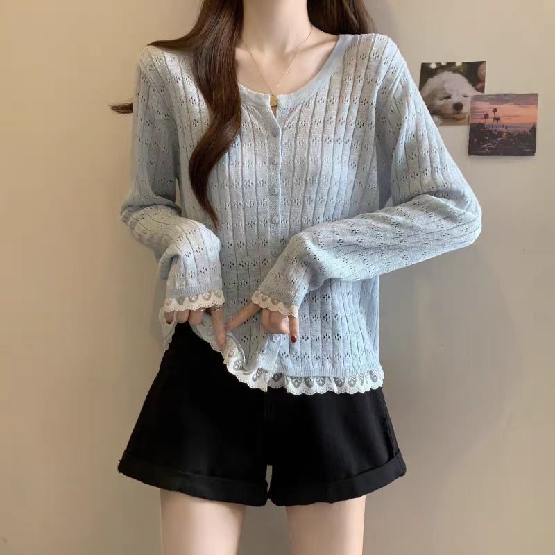 2026 Summer New Round Neck Korean Style Lace Trim Cardigan, Outerwear, Solid Color Knitwear, Thin and Trendy