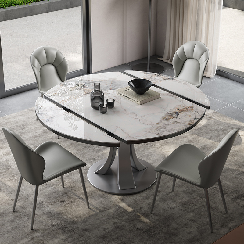 Light Luxury Slate Dining Table for Villa Home, Dual-Purpose Italian-Style High-End Round Small Apartment, Italian-Style Minimalist Retractable Dining Table