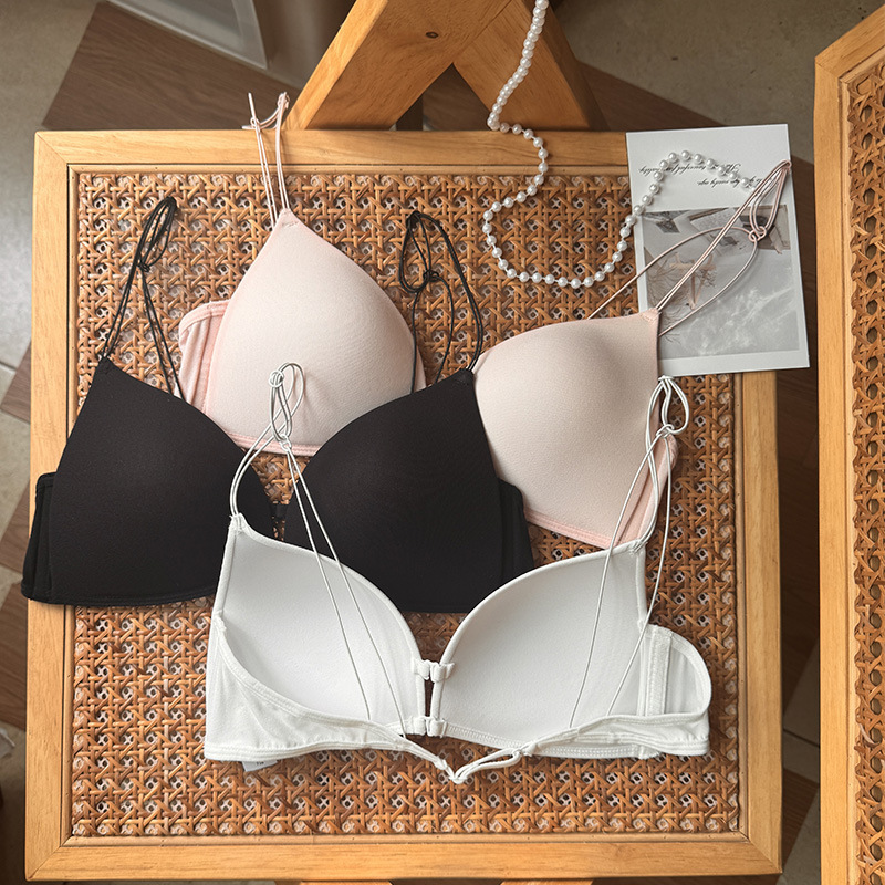 Hot Girl Beach Front-Clasp Bra with Thin Straps and Beautiful Back Design, Summer Small Chest Smooth Strapless Bra