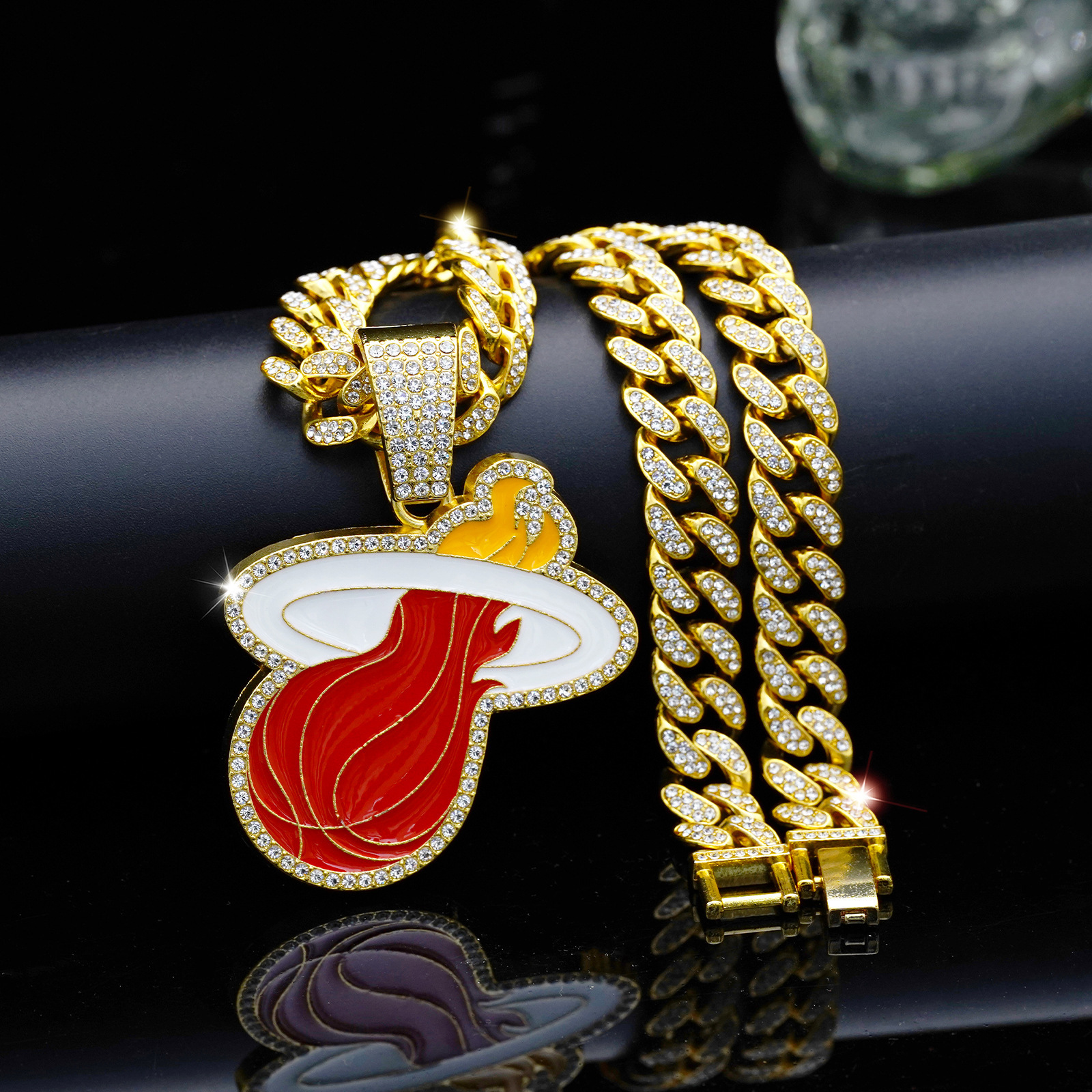 European and American Jewelry Fashion Personality Red Basketball Miami Heat Hip-Hop Pendant Single Pendant Trendy Brand Full Diamond Cuban Necklace Team