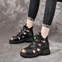 夏季新款厚底增高露趾凉靴女复古高帮镂空松糕鞋软皮鱼嘴罗马凉鞋