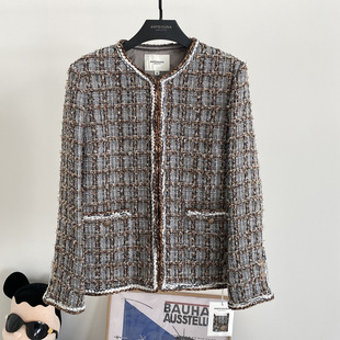 Anfiona Spring and Autumn French Woven Tweed Brown Gray Plaid Three-Dimensional Exquisite Fragrance Jacket French Style Light Mature