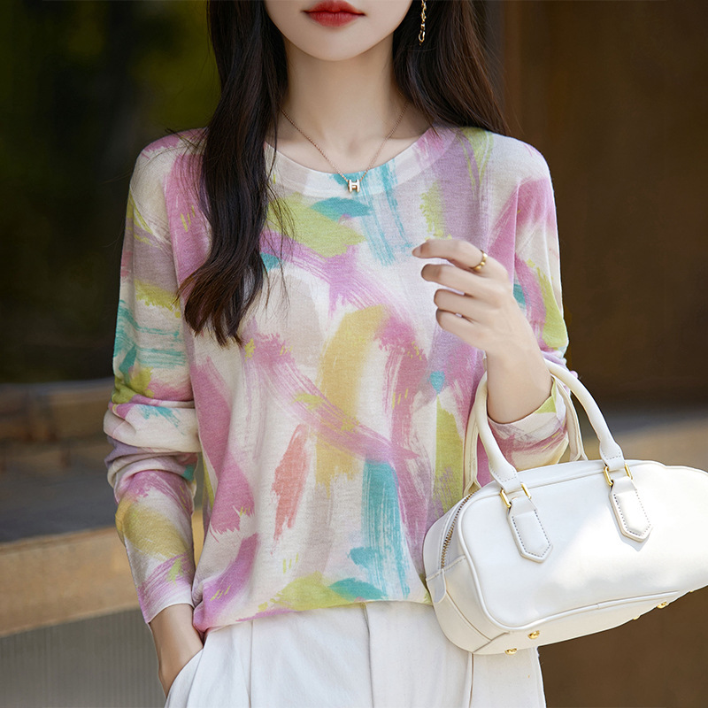 Spring and Autumn Thin Fine Knit Water-Soluble Wool Sweater, Long Sleeve Women's Loose Round Neck Color Block Printed Base Top