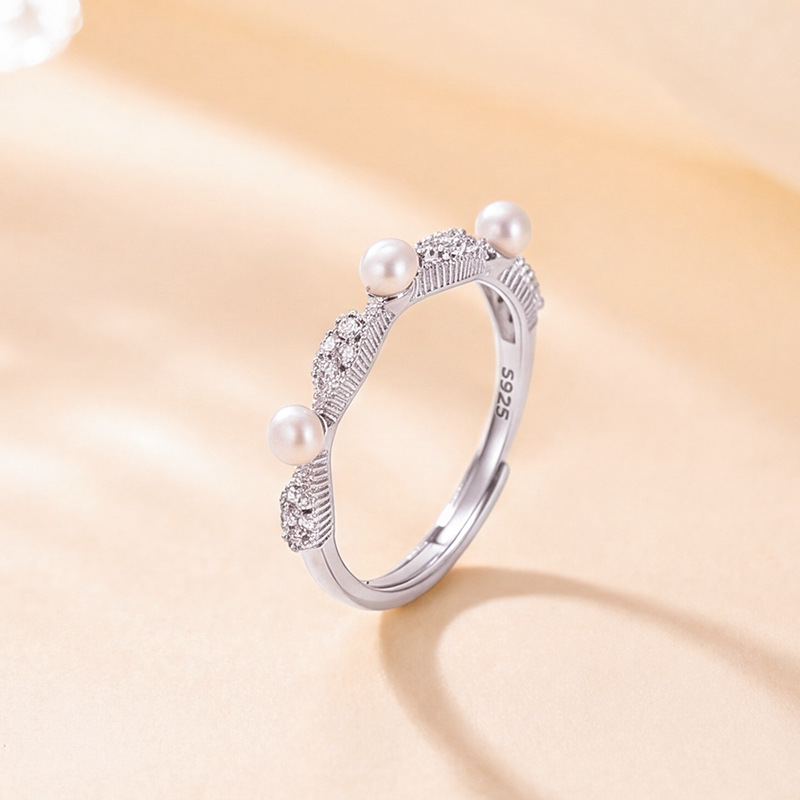 Nhẫn bạc S925 đính ngọc trai nước ngọt tự nhiên, kiểu dáng mở điều chỉnh được — Bạc