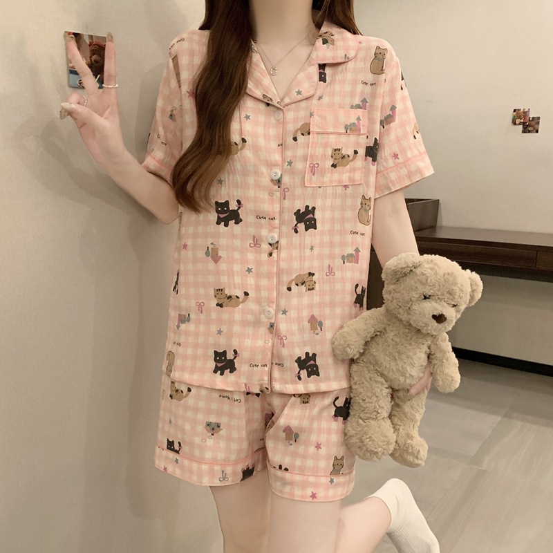 더블 쇼트  011#핑크 체크 무늬 검은 고양이