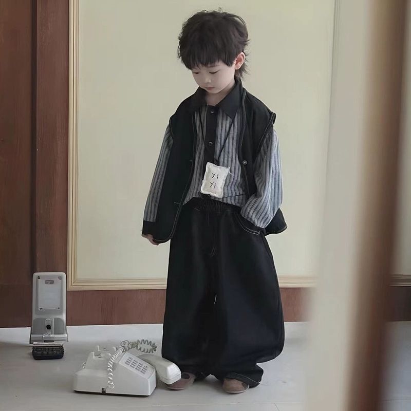 儿童秋季套装2025秋季新款男童韩版帅气衬衫牛仔坎肩牛仔裤三件套|undefined