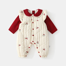 秋冬加厚婴幼儿连体背心冬季女宝宝加绒连体衣保暖哈衣爬服两件套