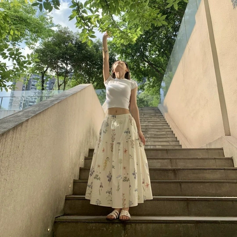 Юбка-карандаш с французским цветочным принтом для женщин, весна-лето 2025, новый корейский стиль, свободная, элегантная, эластичная, А-силуэта, длинная
