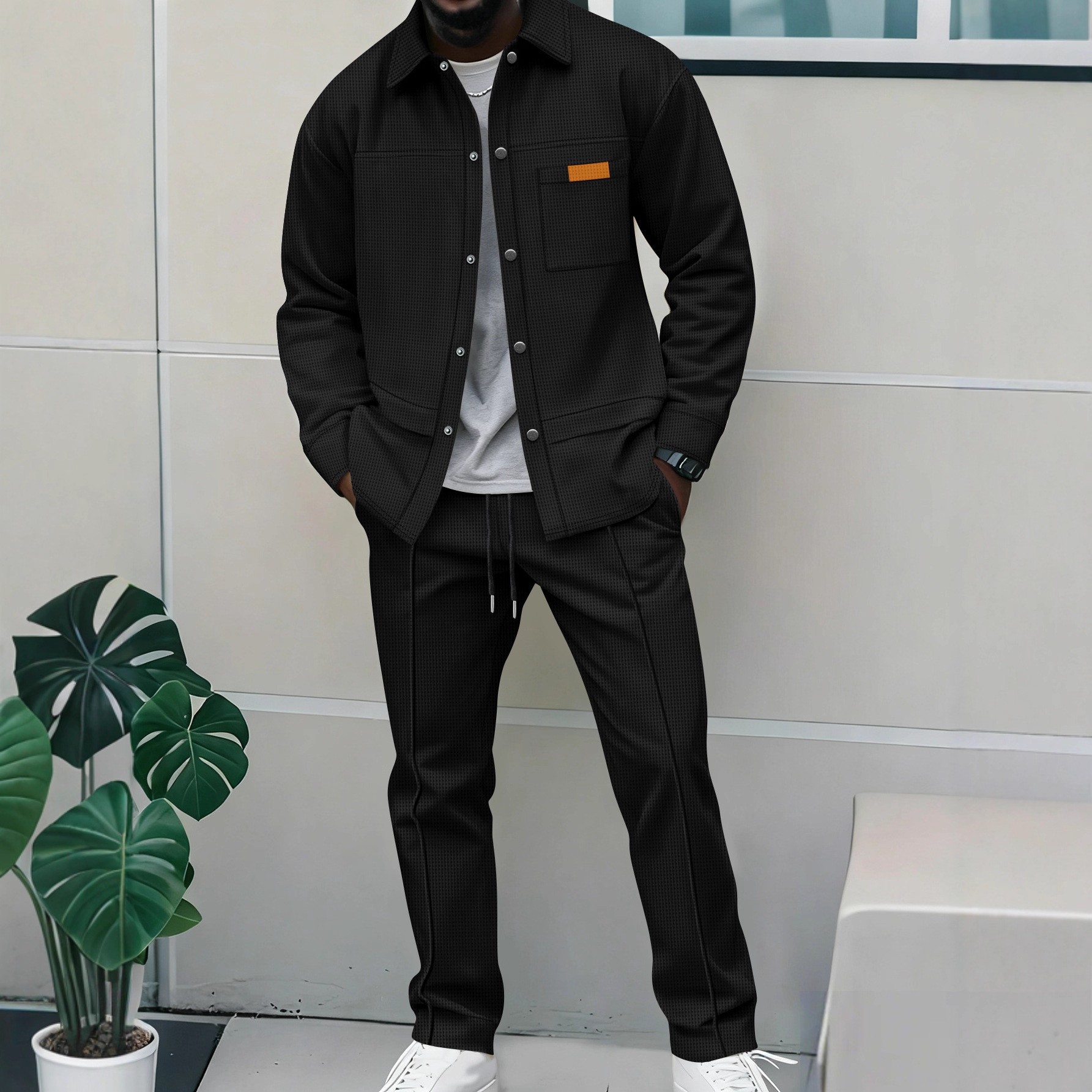 European and American Cross-Border Men's Autumn New Waffle Solid Color Lapel Button Pocket Long-Sleeve Long Pants Casual Jacket Set