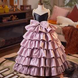 粉色女童主持人礼服2026秋冬新款重工外贸儿童生日蓬蓬表演蛋糕裙