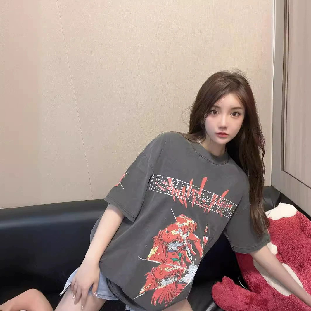 EVA Аска аниме ретро вымытые старое Vintage с короткими рукавами высокая улица рыхлые мужчины и женщины