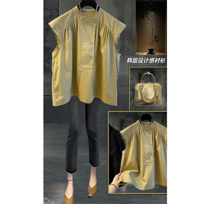 Chubby Sister plus size Loose Design Pleated Sleeveless Shirt Top Women's 2024 Summer New Round Neck Elegant Small Shirt