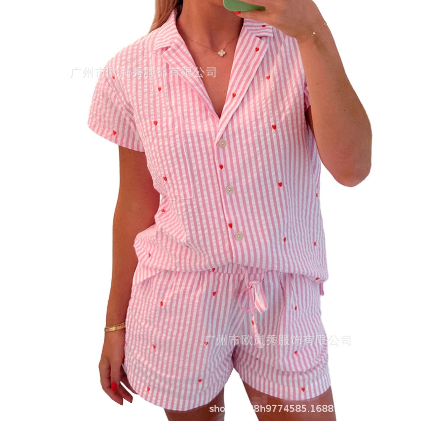 Cross-Border Amazon European and American Style Foreign Trade Women's Striped Heart-Shaped Fashion Casual Suit Elastic Shorts Suit for Women