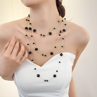 French-Style Fashion Crystal Four-Leaf Clover Necklace Double-Layered Design Versatile Sweater Chain High-End Clothing Accessory for Women