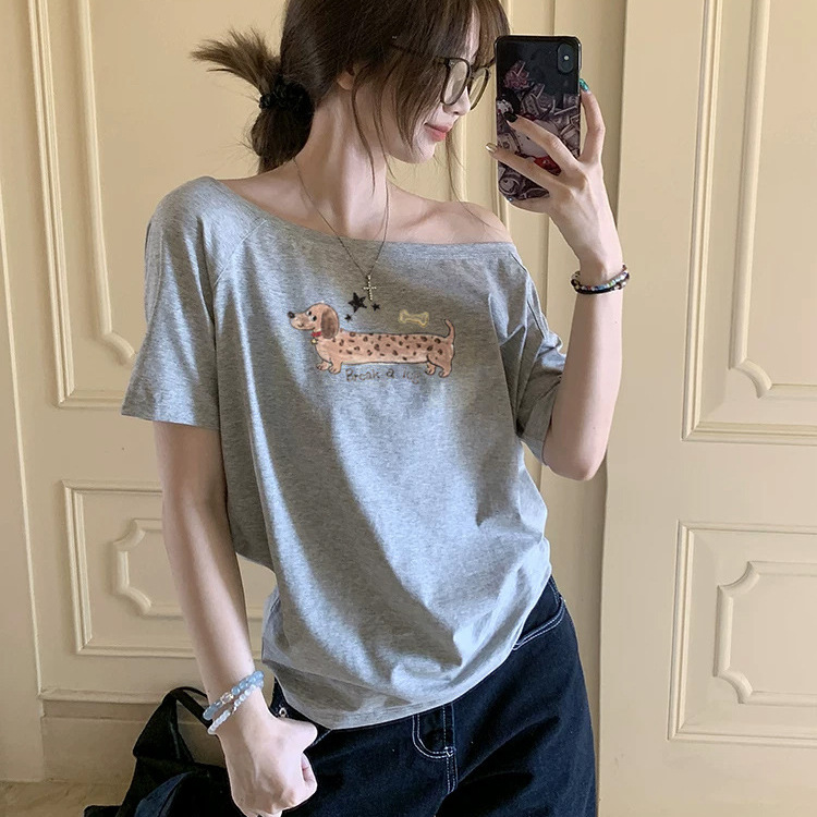 Off-Shoulder Short-Sleeve Top for Women, New Summer Style with Graffiti Puppy Print, Loose and Casual One-Shoulder T-Shirt