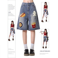 クロスボーダー大きいサイズデニムショートパンツ女性の夏の新しいクリエイティブフライドポテトタオル刺繍ルーズウォッシュ加工ダメージ加工5点パンツ2