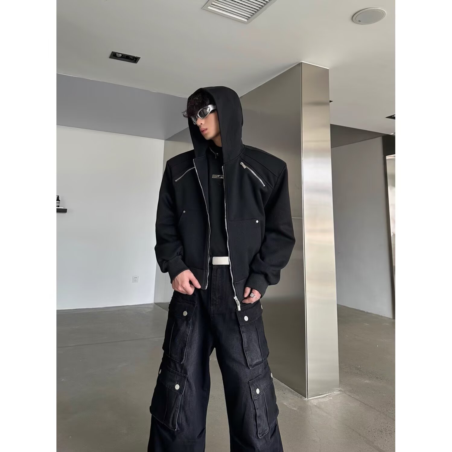 Men's Metal Zipper Hooded Jacket Deconstruction Design Style_voghion.com