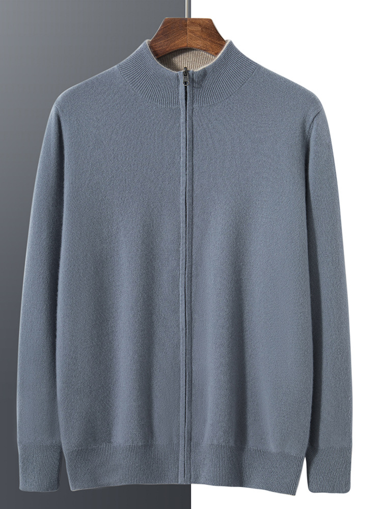 秋冬新款双面男士纯色纯山羊绒衫宽松拉链开衫针织外套长袖