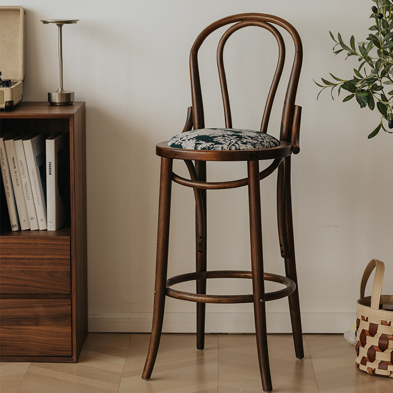 French-Style Retro No. 18 Bar Stool, Solid Wood High Stool, Mid-Century Island High-Back Chair for Home Use, Original Design