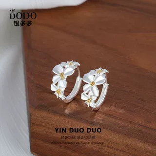 s925纯银立体拉丝栀子花耳环耳扣古风古典花朵耳钉高亮素银文艺款