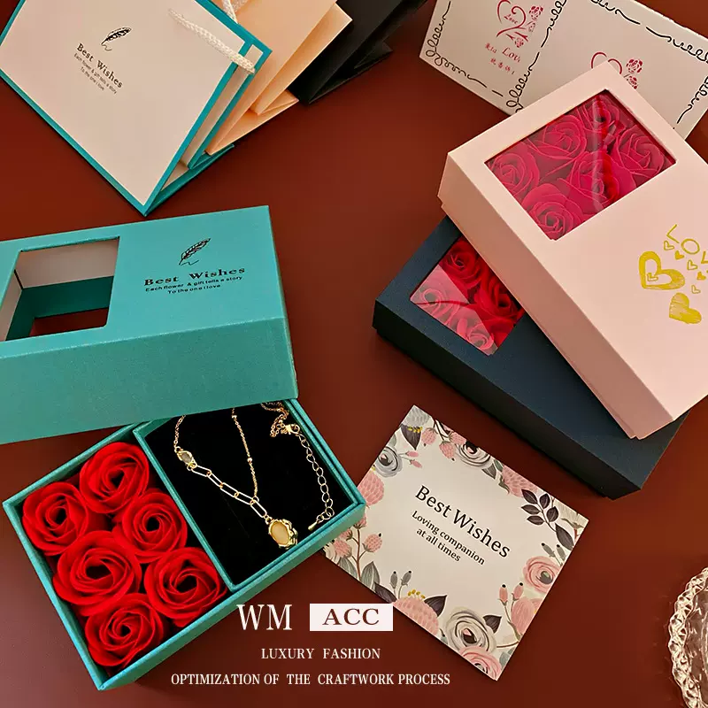 玫瑰花浪漫首饰盒韩国简约项链胸针收纳盒节日时尚气质包装盒批发