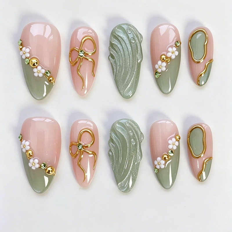 Cross-Border 10-Piece Box Set of Mint Green Summer Resin Flower Metal Gold Beads Bow Resin Wearable Nail Stickers Cross-Border 10-Piece Box Set of Mint Green Summer Resin Flower Metal Gold Beads Bow Resin Wearable Nail Stickers