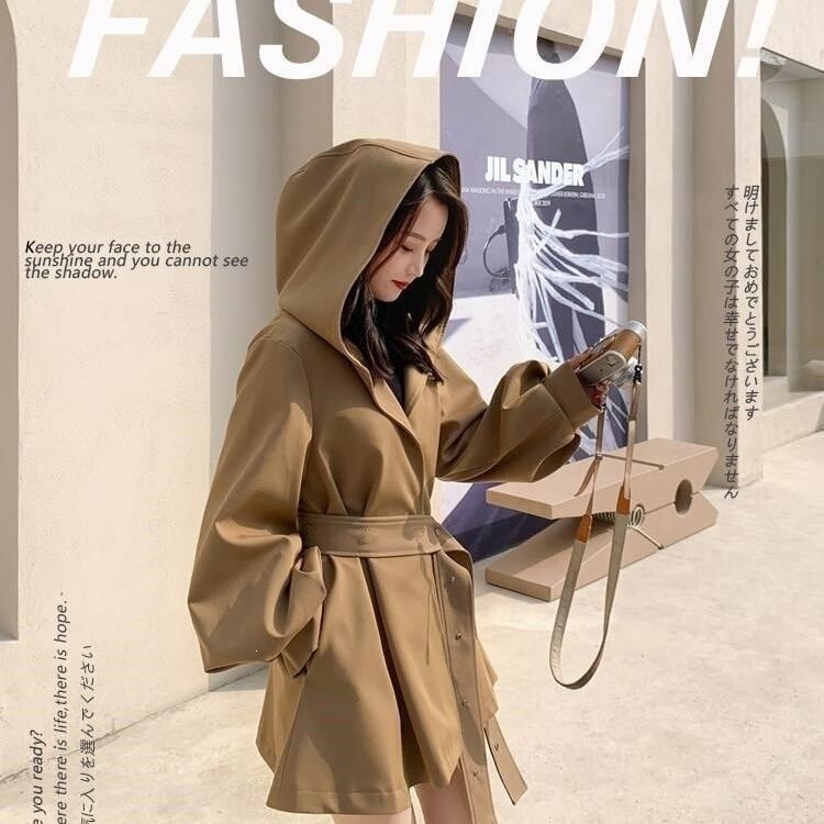 DY814 Spring and Autumn Short Lantern Sleeve Trench Coat for Petite Women, Thin Korean Style Loose Slimming Hooded Jacket for Women DY814 Spring and Autumn Short Lantern Sleeve Trench Coat for Petite Women, Thin Korean Style Loose Slimming Hooded Jacket for Women