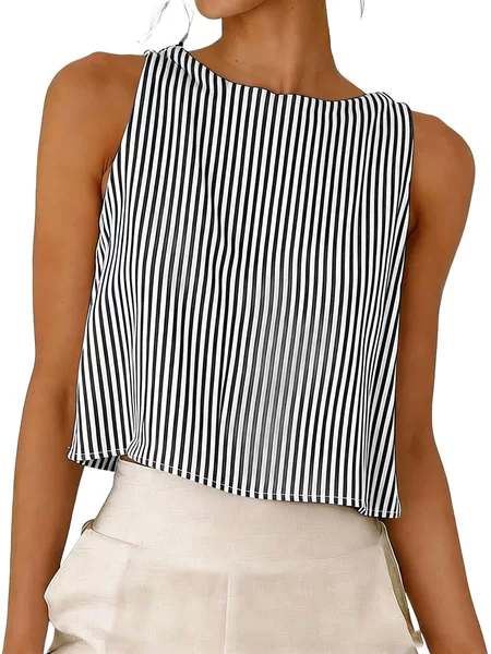Fashionable Round-Neck Sleeveless Vest with Striped Elements, Made of Cotton-Linen Imitation, Versatile Summer Top for Women, Can Be Worn on Both Sides