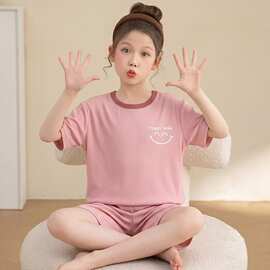 夏季女童儿童薄款冰丝2026套装短袖短裤套头家居服中大童睡衣空调