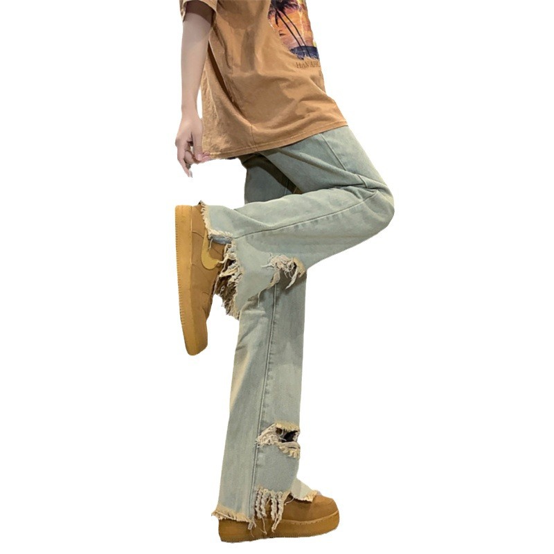 Jeans micro svasati neri puri con fori sui bordi sfrangiati, pantaloni americani high street aderenti e allungati, rossi da uomo e_voghion.com