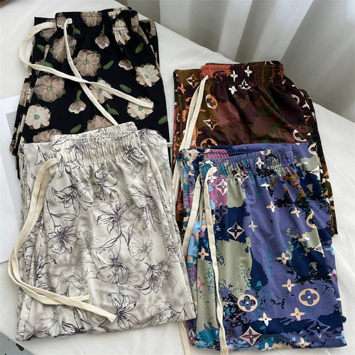 2025 New Ice Silk Loose Drawstring Patterned Straight Leg Pants High-Waist Casual Large Size Mom's Pants for Women Dropshipping