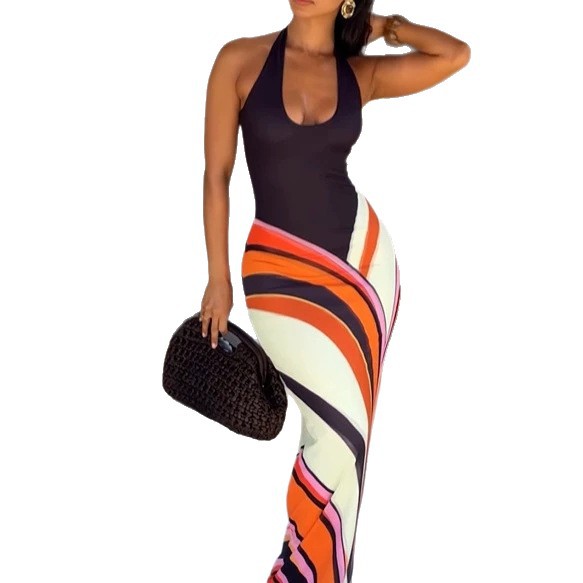 Women's Fashionable Sexy Printed Bodycon Skirt Halter Neck V Neck Color Block Dress Hot Selling_voghion.com