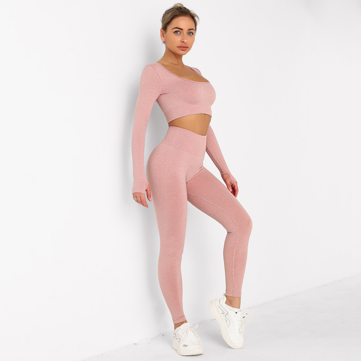 wholesale clothing vendor Nihaostyles seamless knitted tight-fitting yoga suit sexy casual running sports buttocks gym set NSLX67216