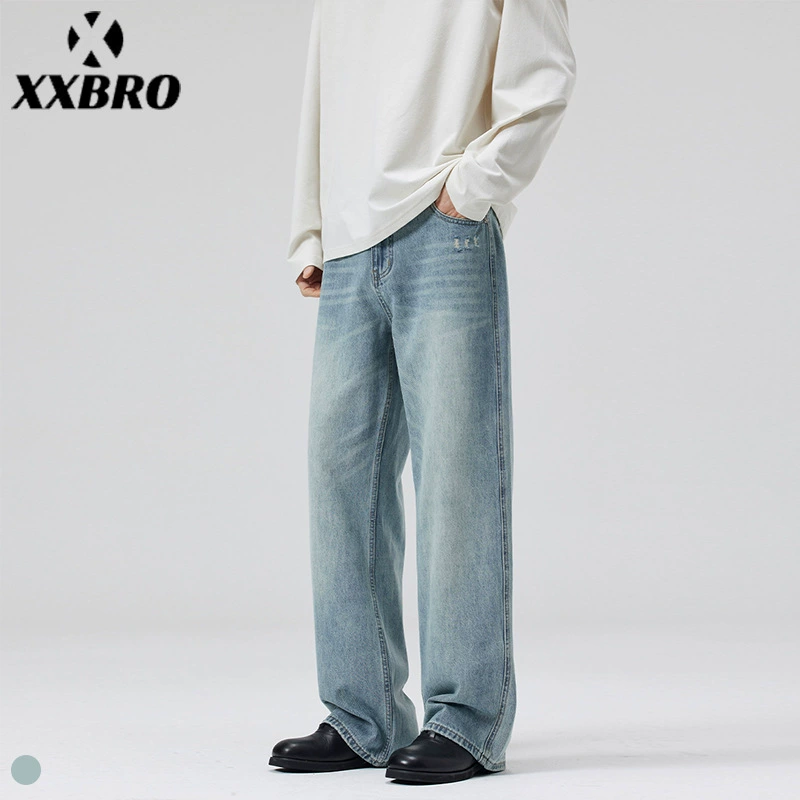 Xxbro Men # Summer прилив светло-синие джинсы для мужчин и женщин моют высокие уличные прямые брюки дикие длинные брюки
