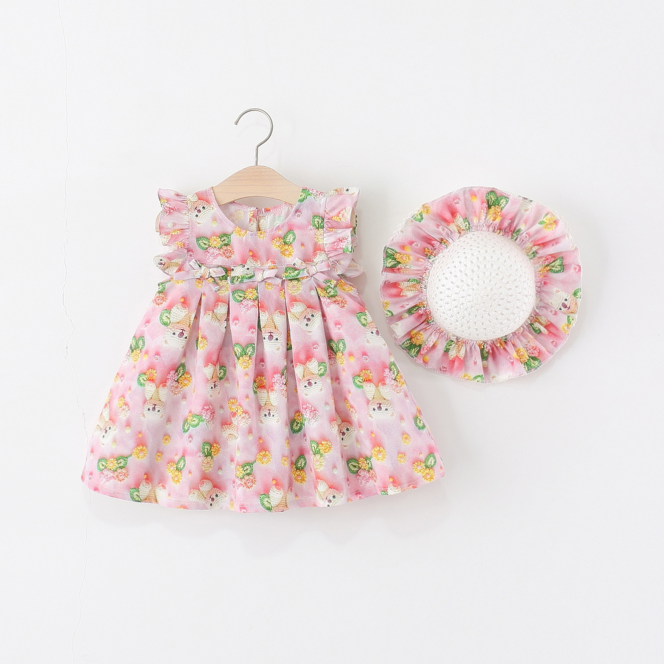 2025年夏季新款三蝴蝶结雪纺草帽裙 女童卡通小裙子连衣裙送草帽