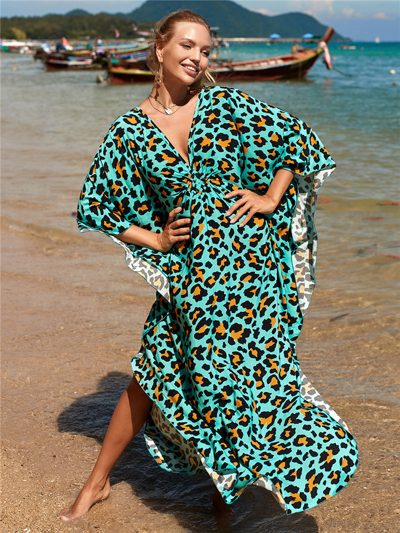 224g Weight Sunscreen Shirt Outerwear Type 3/4 Length Sleeve Sleeve Length Polyester Fabric Type Long Top Length V Neck Neckline Printing, Leopard Pattern Spring&Summer Season Women's Gender Vacation, Beach Style Women's Printing Leopard Vacation Beach Cover Ups 63