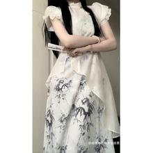 新中式旗袍连衣裙女夏季2023新款设计感小众水墨画绝美茶歇裙子