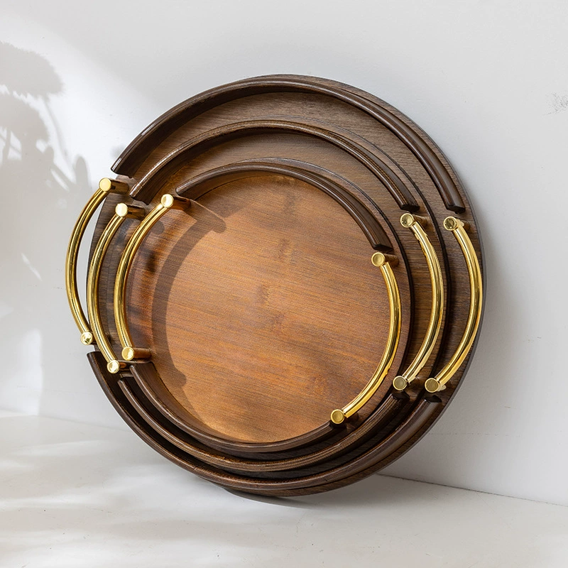 Bamboo serving tray, round with handles, wood‑tone finish, 25/30/35 cm