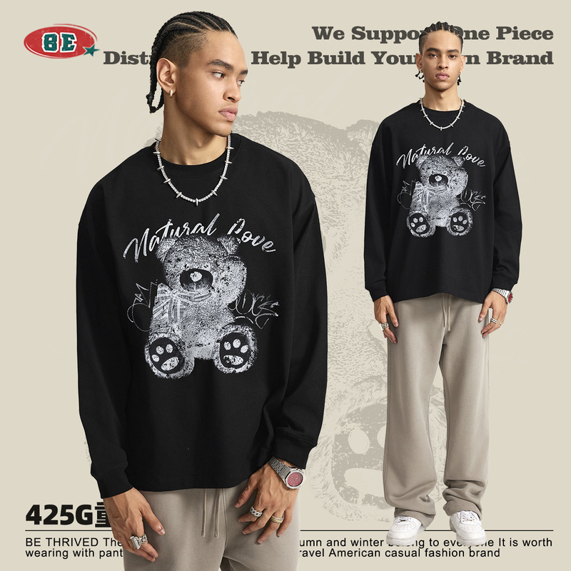 Be Men's Clothing | 2025 Autum Thin Unisex Popular Style Fun Printed X-Ray Bear Washed Long-Sleeved T-Shirt for Men and Women