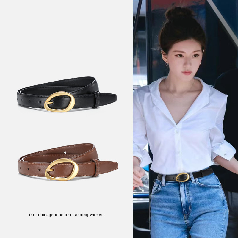 Rose Same Style Genuine Leather Belt Women's Decorative Design Niche Trendyy Cowhide Korean Style with Jeans Pin Buckle Belt