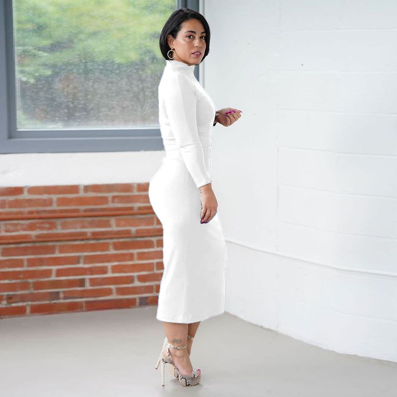 Solid Color Long Sleeve High Waist Hollow Tight-Fitting Mid-Length Dress