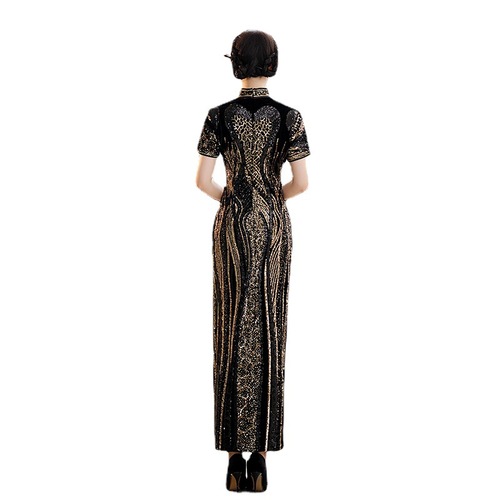 Gold with black velvet sequined Chinese dresses qipao for women cheongsam Short-sleeved singers host miss etiquette model show performance cheongsam